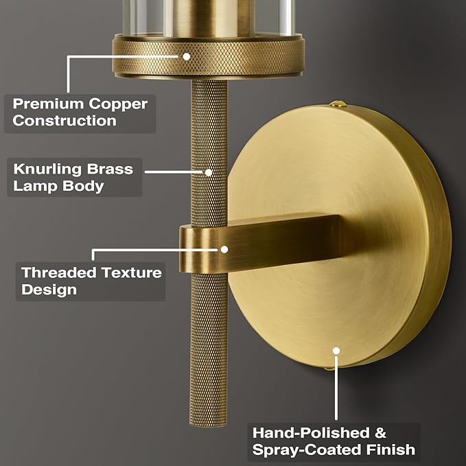 Brass Wall Sconces Set of Two, 19.48" Modern Wall Lighting with Clear Glass Tube, Bathroom Vanity Lights, Bronze Sconces Wall Lights for Bedroom, Living Room, Hallway, Staircase (Including Bulb)