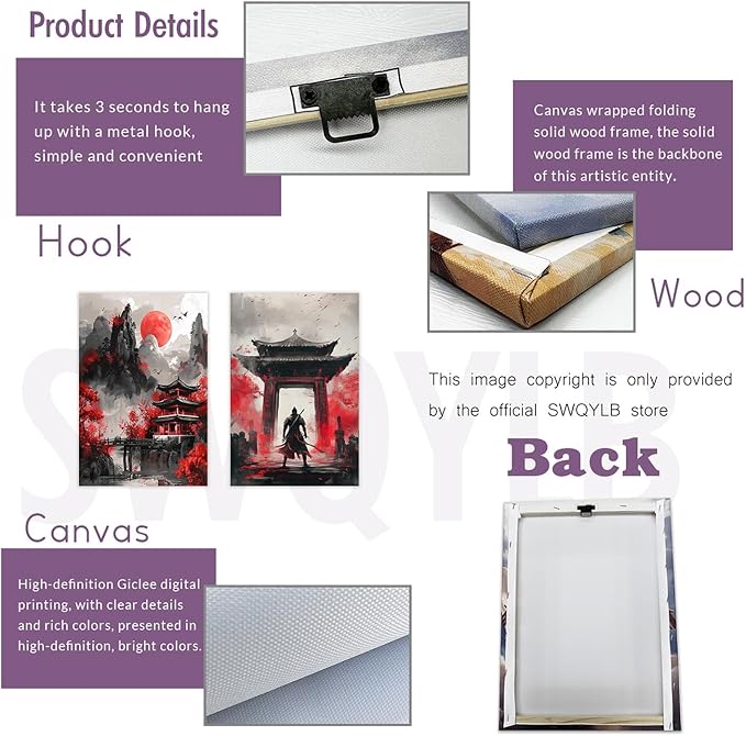 SWQYLB Japanese Wall Art 2 Piece Samurai Art Wall Decor Japanese Landscape Pictures Canvas Prints Asian Oriental Home Decor Framed (Red, (12"x16"x2 Pieces))