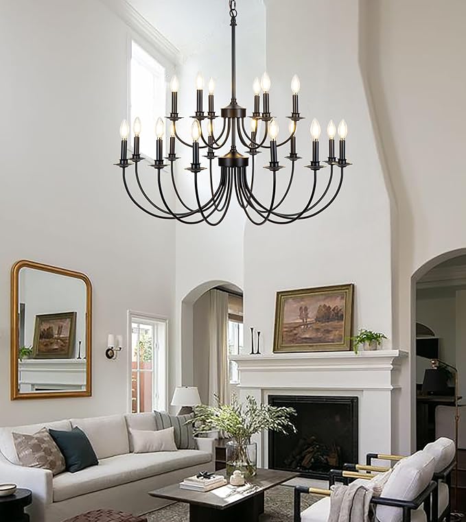 18-Light 2-Tier Black Farmhouse Vintage Chandelier, Retro Farmhouse Country Style Industrial Large Round Pendant Light Fixture