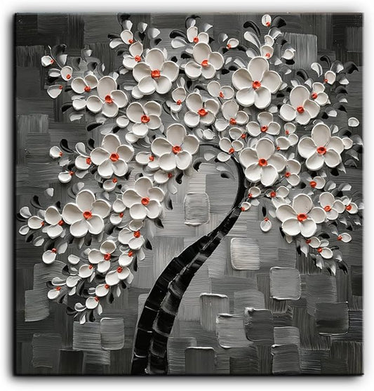 3D Cherry Blossom Tree Canvas Wall Art, White Flowers on Gray, Modern Floral Painting, 30x30 inches