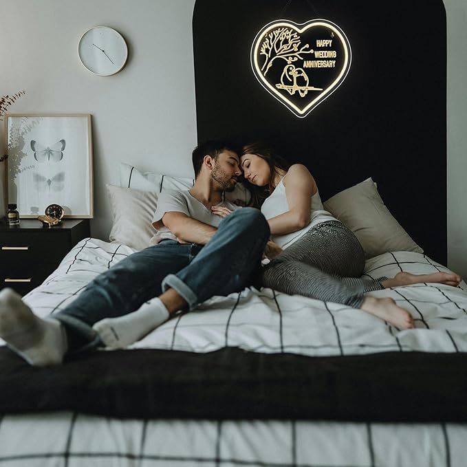 Lucunstar Wedding Neon Sign Happy Anniversary LED Sign for Wall Decor Warm White LED Light Love Signs Heart Decor in Wedding Party Bedroom Home Live Room Love Gifts for Couple in Anniversary Party