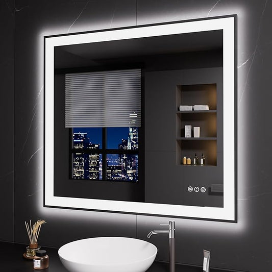 LOAAO 40"X36" LED Bathroom Mirror Black Framed, Anti-Fog, Dimmable, Lighted Bathroom Vanity Mirror for Wall, Memory Function, Tempered Glass
