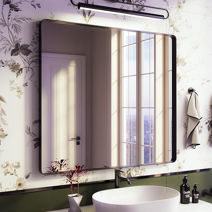 Black Bathroom Mirror for Wall, 40x38 Inch Matte Black Framed Bathroom Vanity Mirror for Farmhouse Living Room Bedroom, Anti-Rust, Tempered Glass, Horizontal/Vertical