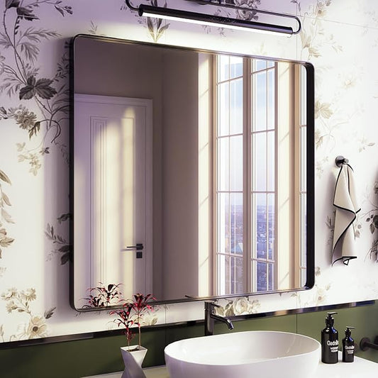 Black Bathroom Mirror for Wall, 40x36 Inch Matte Black Framed Bathroom Vanity Mirror for Farmhouse Living Room Bedroom, Anti-Rust, Tempered Glass, Rounded Corner, Horizontal/Vertical