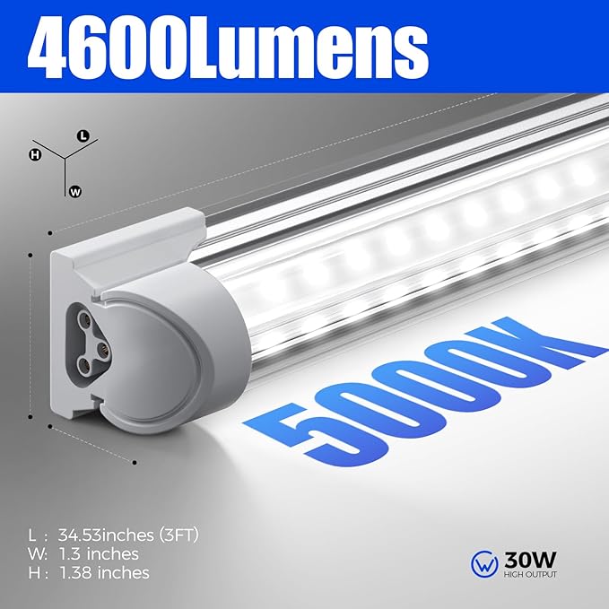 Barrina LED Shop Lights, 3FT 30W 4600LM 5000K, Daylight White High Output Linkable for Workshop, V Shaped Clear Cover T8 LED Shop Light for Garage, 3 Foot (Pack of 6)