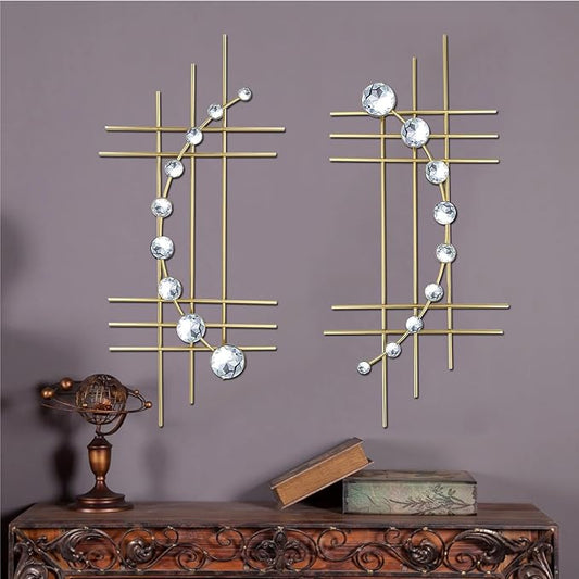 ZEXUIRU 2 Set Bling Metal Wall Art Jeweled crystal Hang wall Decor Rhinestone Diamond Iron Abstract Wall Sculpture Gold