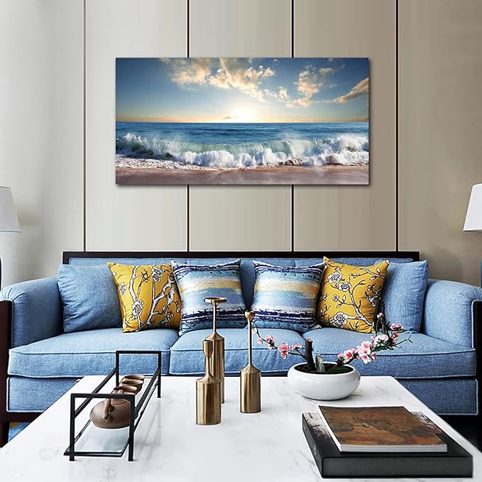 Ocean Wave Canvas Wall Art Beach Sunset Pictures Coastal Nature Artwork Blue Sea Painting Prints for Living Room Bedroom Home Office Decoration 20" x 40"