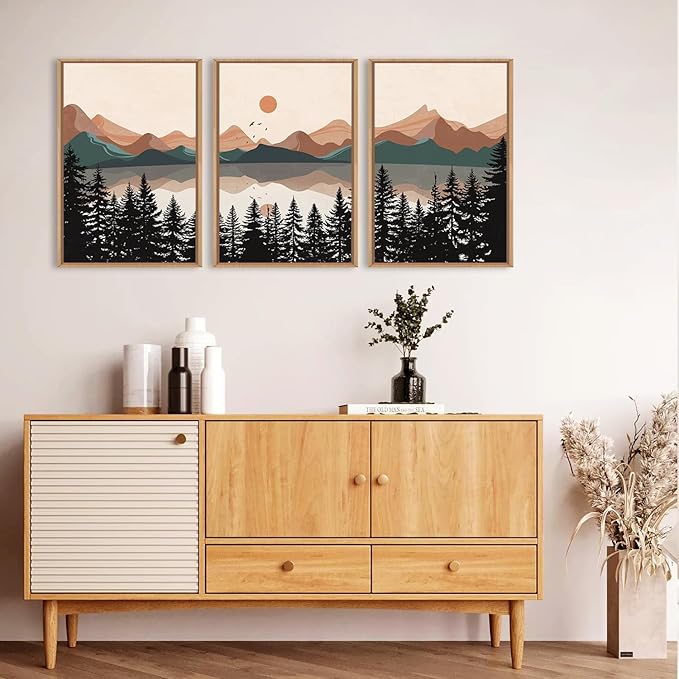 KAIRNE Mountain Framed Canvas Wall Art, Mid Century Modern Decor, Boho Wall Art Painting, Lake Pines Tree Sunset Nature Landscape Art Print for Living Room, Bedroom, Office, Dining Room- 16"x24"x3