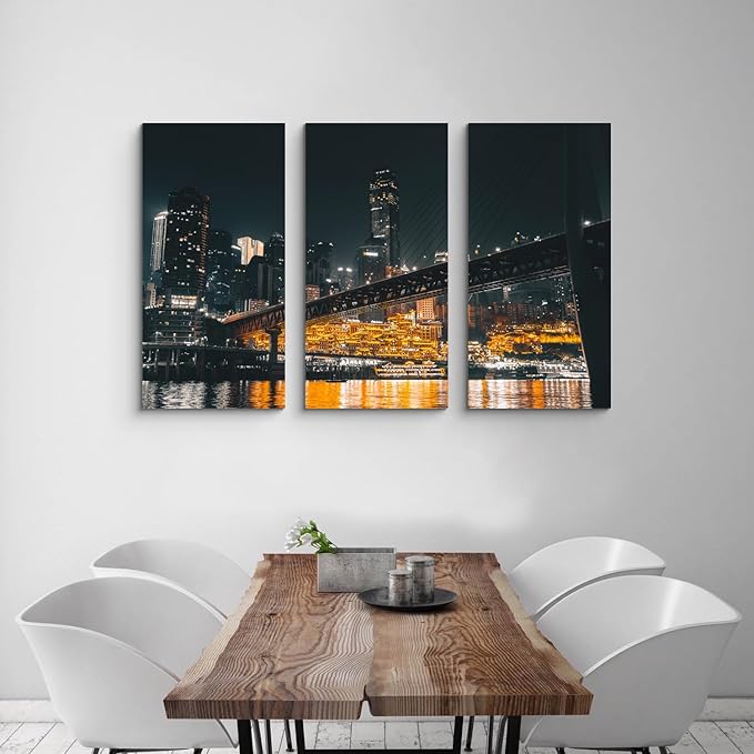 NAN Wind 3PCS Chongqing City Nightscape Canvas Wall Art Illuminated Chinese Skyline with Bridge Skyscrapers Modern Urban Landscape Photography Print for Living Room Office Bedroom Decor