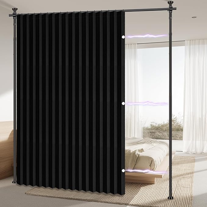 AJAZZ Room Divider Curtain (Black, W100 x L96 in, 1 Panel)+ Tension Curtain Rod No Drilling (H) 43-120×(W) 35-100 in, for Privacy/Soundproof Curtains, Heavy Duty Wall Separator