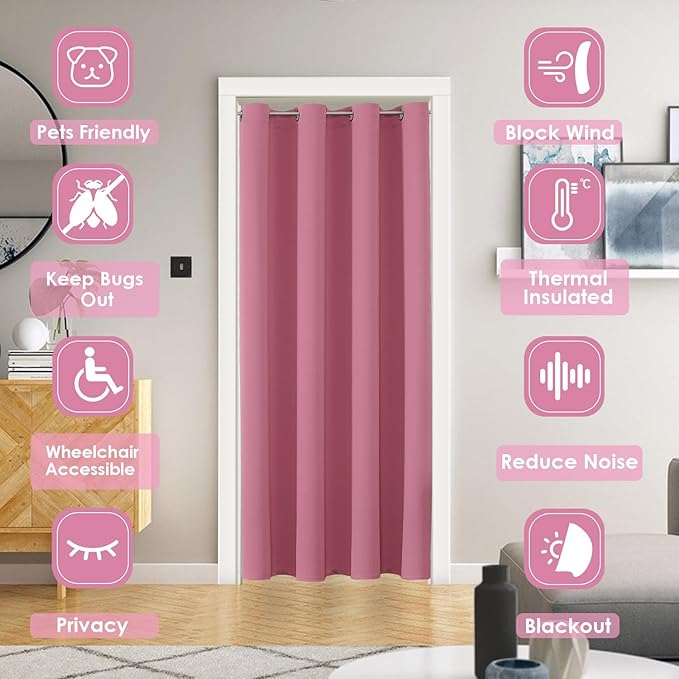 ChrisDowa Blackout Door Curtains for Doorway Privacy, Grommet Closet Curtains for Bedroom Closet Door, Thermal Insulated Temporary Doorway Cover Room Divider Drapes (1 Panel, Pink, 52 x 80 Inch)