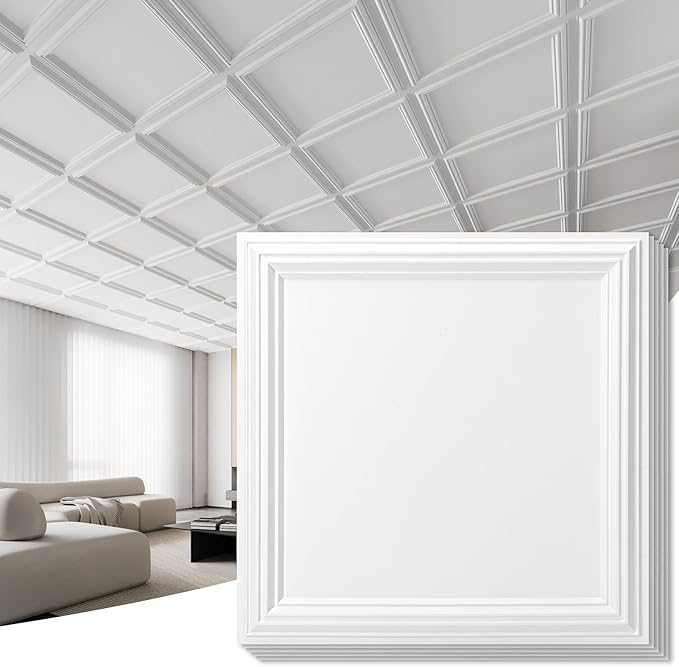 Art3d 24-Pack Drop Relief Ceiling Tiles for Home, Office & Commercial Space, 24 x 24in PVC Waterproof 3D Wall Panels Cover 96 Sq. Ft, White