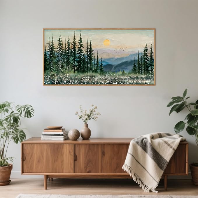 Nature Sunset Forest Framed Canvas Wall Art Set,Watercolor Landscape Green Pine Tree Wall Decor, Modern Boho Mountain Art Printing for Living Room,Bedroom-20 x40