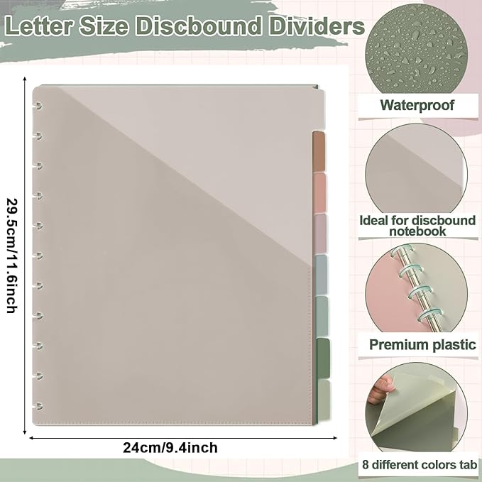 8 Pcs Discbound Pocket Dividers 8.5 x 11 with Tabs and Pockets 8 Tab Discbound Pocket Folders Letter Size DiscBound Binder Dividers Plastic Disc Planner Supplies for Business School Office(Boho)