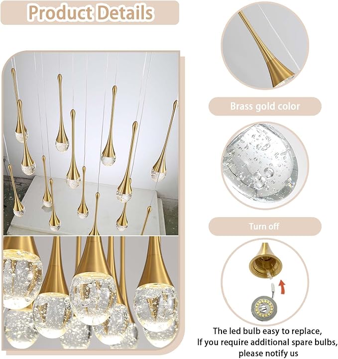 14-Light Modern LED Pendant Lighting Fixture for Kitchen Island Raindrop Crystal Chandelier Gold Chandelier for Dining Room High Ceiling Chandeliers for Staircase Foyer Hallway Villa