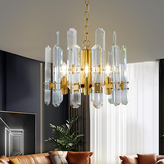 18" Modern Crystal Chandelier, 6-Light Luxury Gold Chandelier for Dining Room, Living Room, Bedroom, Foyer, Kitchen, Restaurant, Contemporary Round Adjustable Chain Chandeliers K9 Light Fixture
