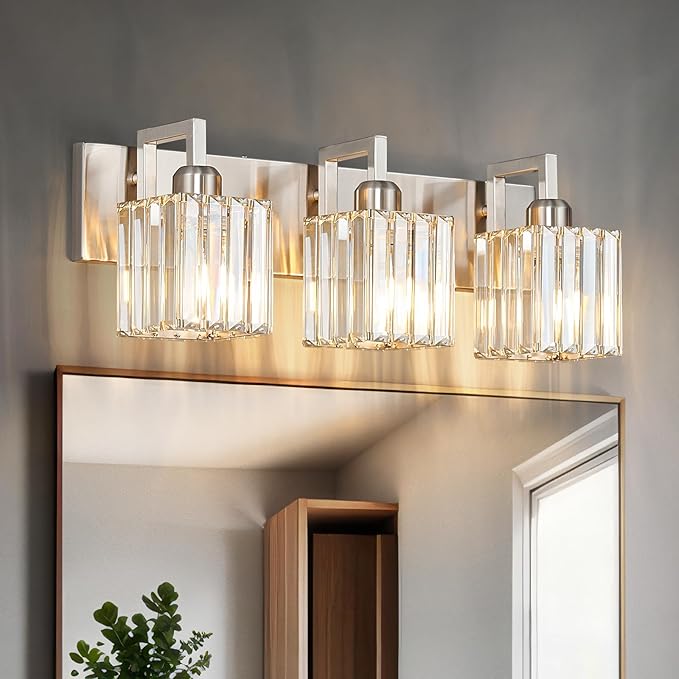 Modern Bathroom Vanity Light 3-Lights Brushed Nickel Vanity Light Crystal Wall Light Bathroom Light Fixtures