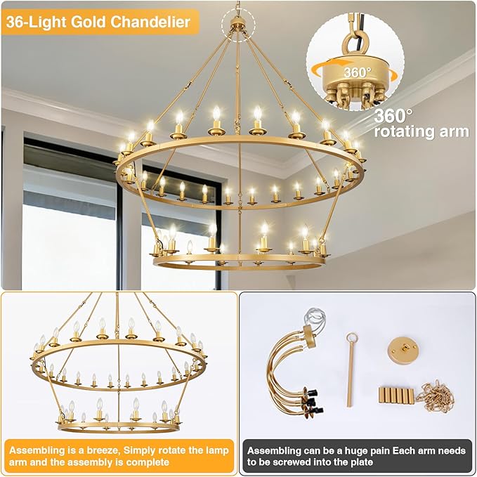 53" 2-Tier Wagon Wheel Chandelier, 36-Light Farmhouse Large Gold Chandelier Round Modern Rustic Industrial Adjustable Height for High Ceiling Living Room, Entryways, Foyer, Dining Room