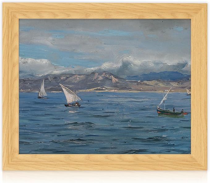 Brivoria Framed Canvas Wall Art Vintage Decor, Impressionist Coastal Scene with Sailboats and Ocean Texture Under Moody Sky for Hallway Entryway or Nautical Accent Wall Decoration, 13"x16"
