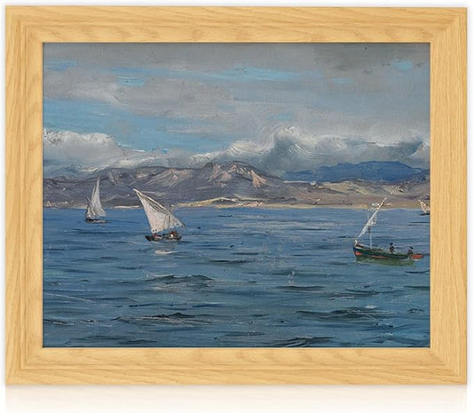 Brivoria Framed Canvas Wall Art Vintage Decor, Impressionist Coastal Scene with Sailboats and Ocean Texture Under Moody Sky for Hallway Entryway or Nautical Accent Wall Decoration, 13"x16"