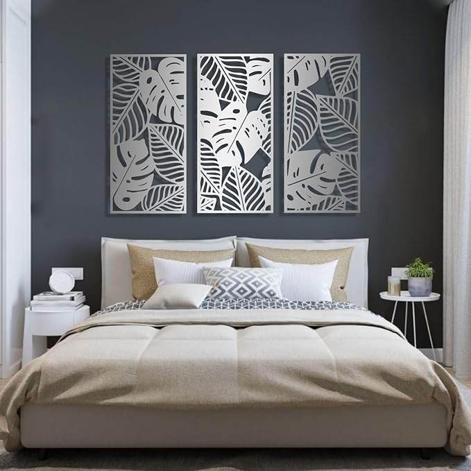 3 Pcs Large Leaves Wall Art, Tropical Palm Leaf Wall Decor, Boho Metal Leaves Wall Art Decor, Hanging Tropical Wall Decor for Living Room Bedroom Outdoor (41x20 inches / 104.5x50x3 PCS, Silver)
