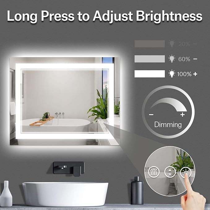44x36 Inch LED Bathroom Mirror with Lights, Front Light and Backlit Lighted Vanity Mirror, Anti-Fog, Dimmable Memory, Shatterproof, Wall-Mounted