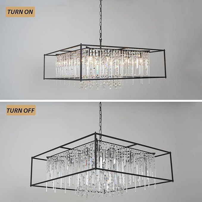 Modern Black Crystal Chandelier, 12-Light Square Pendant Lighting Fixture for Kitchen Island, Dining Room, or Living Room – Elegant Large Ceiling Light for Bedroom and Foyer (35.5")