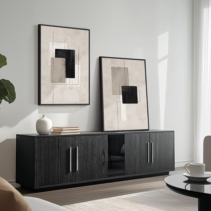 Large Framed Neutral Abstract Wall Art Set of 2, Black Beige Modern Canvas Prints Paintings Artwork for Walls, Minimalist Block Lines Pictures for Living Room Dining Room Bedroom Wall Decor 20x30 In