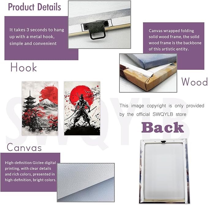 SWQYLB Japanese Wall Art 2 Piece Samurai Art Wall Decor Japanese Landscape Pictures Canvas Prints Asian Oriental Home Decor Framed (Black, (24"x36"x2 Pieces))