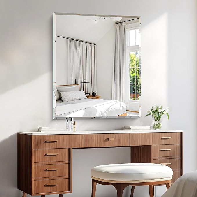 KOCUUY Beveled Mirror, 36x30 Inch Frameless Bathroom Mirror for Over Sink, Upgraded Shatterproof Beveled Unframed Design Mirror for Bathroom, Bedroom, Hang Horizontal/Vertical