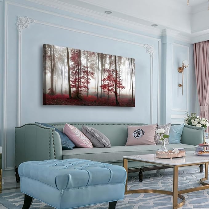 Misty Forest Pictures Canvas Wall Art for Living room Office Bedroom Wall Decor,Forest Wall Art Print Paintings Modern Nature Red Tree Artwork Waterproof Ready to Hang-20x40inch