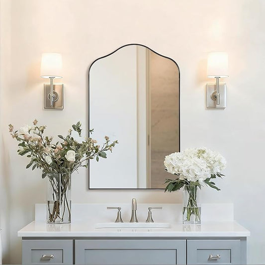 ANDY STAR Scalloped Arched Mirror, 24x38 Polished Chrome Irregular Bathroom Mirror for Vanity, Asymmetrical Curved Top with Anti-Rust Stainless Steel Frame, for Entryway, Bedroom, Mantel, Fireplace