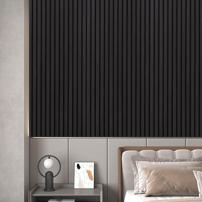 3D Slat Acoustic Wall Panels with Wood Finish Accent, 2 Pack Sound Absorbing Paneling for Studio, Office, Living Room, Bedroom Interior Decor (Matte Black, 48''L x 24''W)