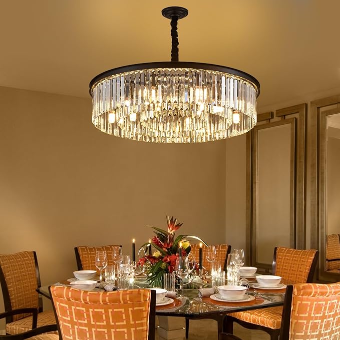 31.5" 12-Light Modern Crystal Chandelier Light Fixtures 3 Rings Black Luxury Chandeliers for Living Room Glam Round Hanging Ceiling Pendant Lighting for Entryway Kitchen Bedroom Dining Room