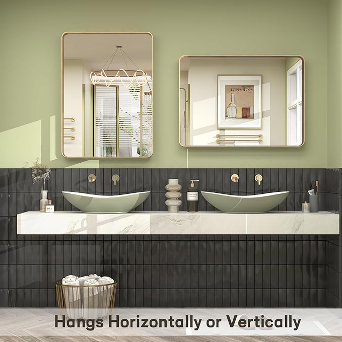 20x30 Inch Gold Framed Bathroom Mirror, Rectangle Brushed Gold Metal Vanity Mirror, Gold Mirror for Wall, Rounded Corner, Tempered Glass, Anti-Rust, Shatterproof (Horizontal/Vertical)