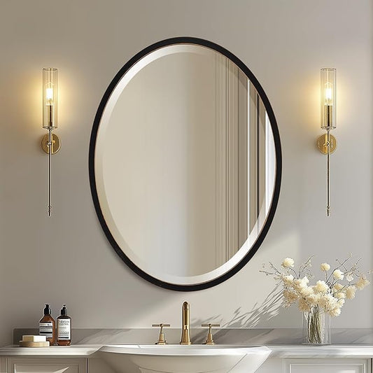 OVALCREST - Oval Wooden Beveled Wall Mirror for Home Decor, Bathroom, Vanity, Bedroom, Living Room, Hallway - London Style (Rubbed Black) 25.1 x 19.1