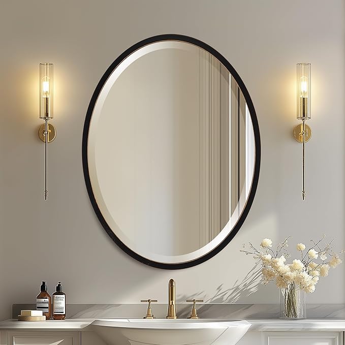 OVALCREST - Oval Wooden Beveled Wall Mirror for Home Decor, Bathroom, Vanity, Bedroom, Living Room, Hallway - London Style (Rubbed Black) 29.1 x 23.1
