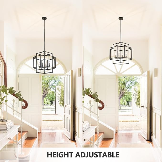 4-Light Metal Lantern Tiered Pendant Hanging Light Fixtures, Industrial Farmhouse Chandeliers for Entryway, Dinning Room Chandelier for Kitchen Island Foyer Hallway, Black & Brushed Nickel