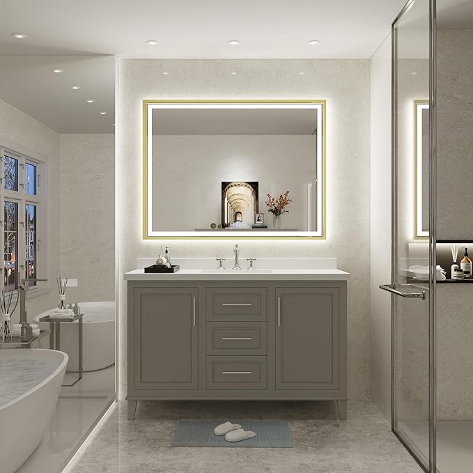 48X30 Inch Led Bathroom Mirror,Front and Backlit Lighted Mirror,Gold Metal Frame Vanity Light Mirror for Wall,Double Lights Strips,Anti Fog Stepless 3 Colors Temperature & Dimmable