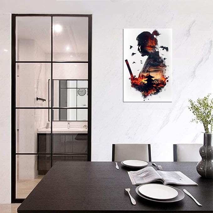 Japanese Samurai Canvas Wall Art Prints Armored Knights Wall Decor Canvas Painting Medieval Poster Framed for Living Room Bathroom Bedroom Office Home Decor Framed (12''W x 16''H)