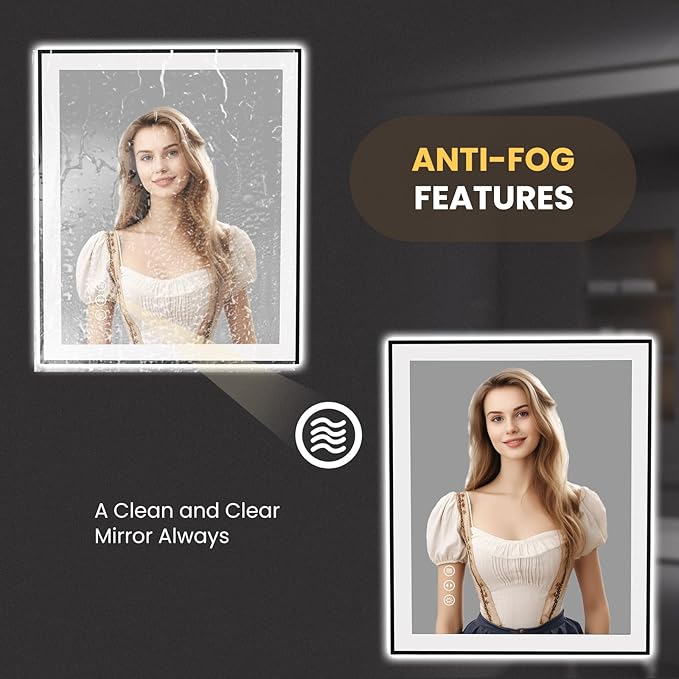 LOAAO 30"X36" LED Bathroom Mirror Black Framed, Anti-Fog, Dimmable, Lighted Bathroom Vanity Mirror for Wall, Memory Function, Tempered Glass