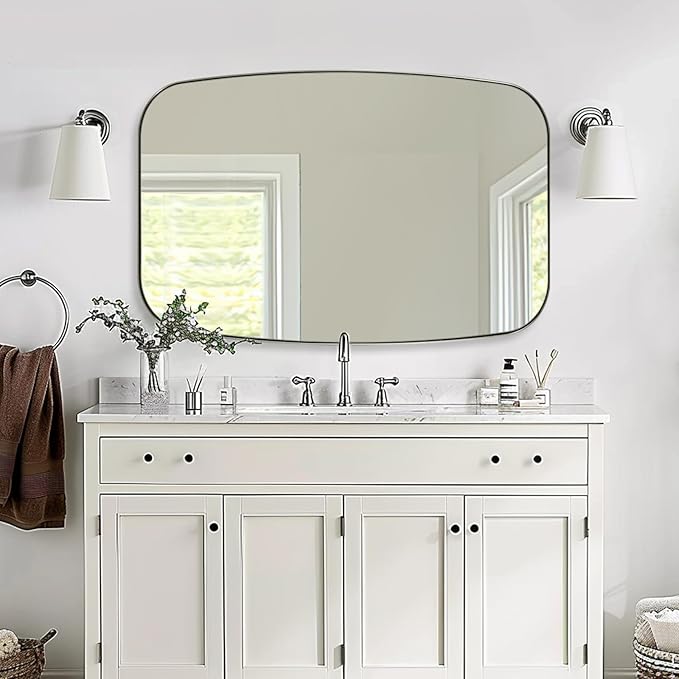 ANDY STAR 32x48 Chrome Bathroom Mirror, Oblong Silver Mirror with Stainless Steel Metal Frame, Oval Vanity Mirror for Over Sink, Modern Anti Rust Wall Mounted