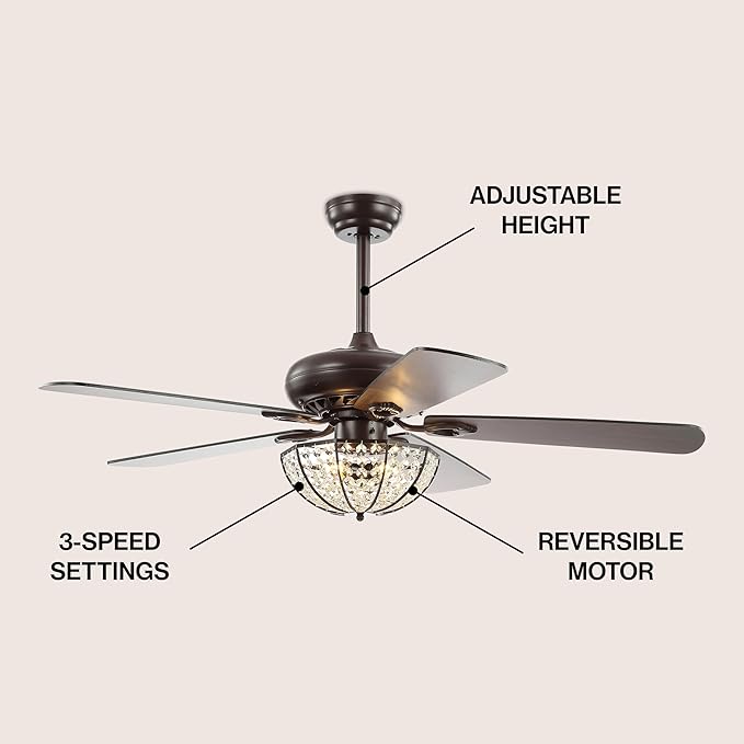 JONATHAN Y JYL9702A Joanna 52" 3-Light Bronze Crystal LED Ceiling Fan with Remote, Classic, Glam, Traditional, Transitional, Office, Living Room, Family Room, Dining Room, Bedroom, Oil Rubbed Bronze