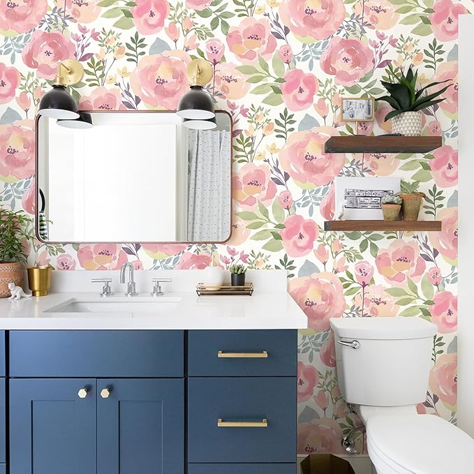 Orainege Floral Wallpaper Peel and Stick Wallpaper 16.9in x118.1in Peony Floral Contact Paper Removable Self Adhesive Wall Paper for Cabinets Walls Shelf Liner, Peachy