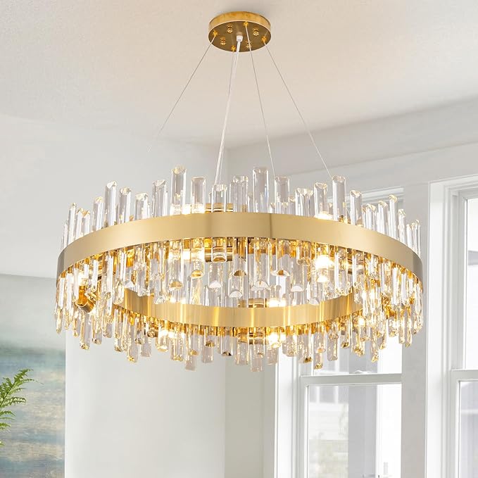 Modern Crystal Chandeliers, 16 Lights Brass Gold Round 2-Tier K9 Crystal Raindrop Chandelier, Luxury Flush Mount Pendant Ceiling Light for Living Room Bedroom Entryway Kitchen Foyer D31.5''