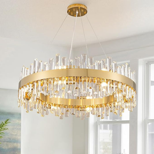 Modern Crystal Chandeliers, 16 Lights Brass Gold Round 2-Tier K9 Crystal Raindrop Chandelier, Luxury Flush Mount Pendant Ceiling Light for Living Room Bedroom Entryway Kitchen Foyer D31.5''