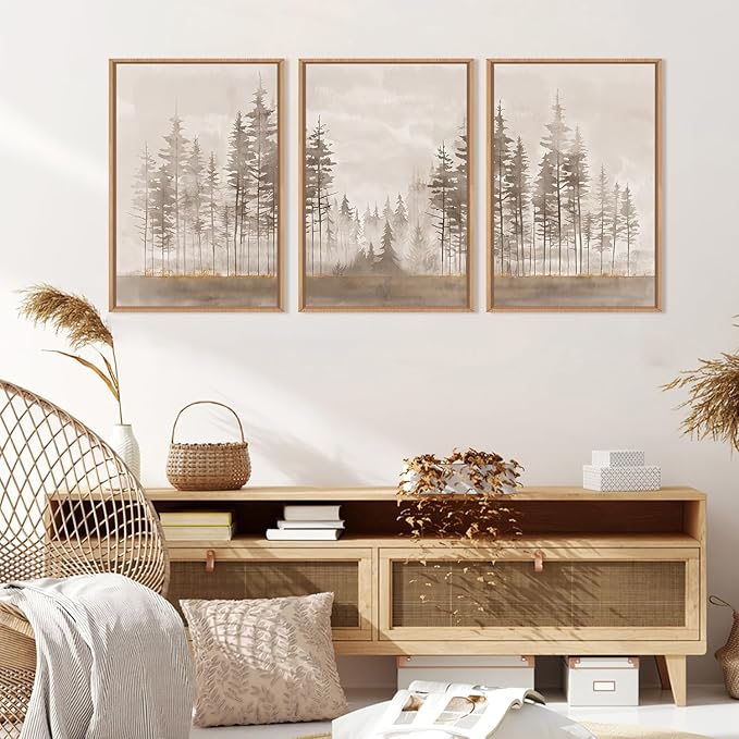 Beige Foggy Pine Tree Framed Canvas Wall Art Set,Modern Misty Forest Wall Decor,Nature Landscape Brown Art Print for Living Room,Bedroom-16 x24 x3