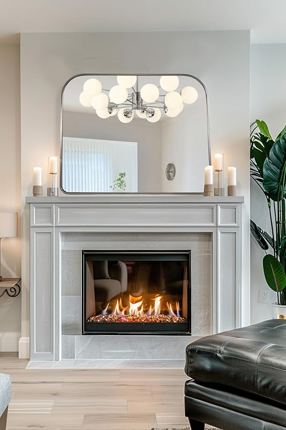 ANDY STAR Brushed Nickel Arched Mirror, 36x30’’ Modern Mantel Mirror Rounded Corner for Fireplace, Bathroom, Powder Room in 1 inch Anti-Rust SUS304 Tube Metal Frame Wall Mounted