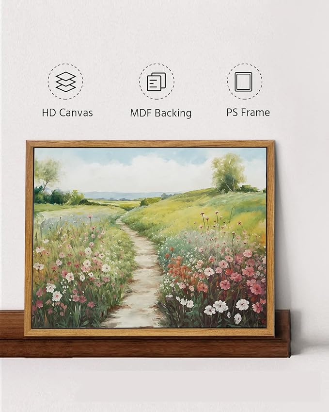 KISSFOX Vintage Framed Wall Art Decor Modern Farmhouse Spring Landscape Pictures Paintings Wall Decor Rustic Wildflower Canvas Art Prints Nature Countryside Artwork For Bedroom Kitchen Living Room