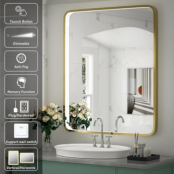 30x36 Inch LED Bathroom Mirror with Lights,Gold Metal Frame Lighted Vanity Mirror, Anti Fog Design&Dimmable&Touch Switch,Large Wall Mounted Mirror for Bathroom Decor (Horizontal&Vertical)